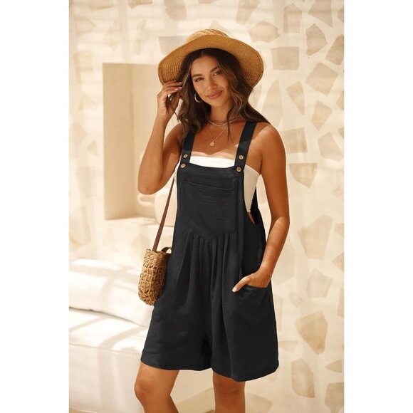 🆕 Women Black Rompers Summer Wide Leg Shorts Overalls Adjustable Soft Strap Bib - Picture 3 of 6